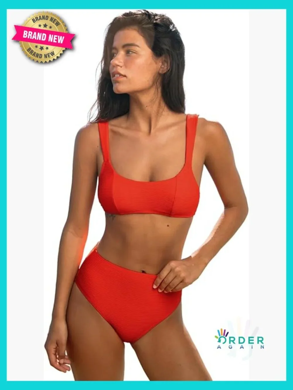 Square Neck Textured Bikini Set High Waisted Adjustable Straps Removable Cups
